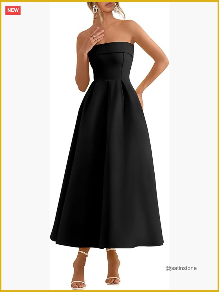 Strapless Tube Midi Cocktail Dress With Pockets A-Line Slim Fit